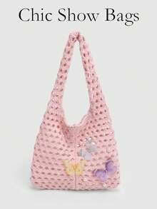 Túi đeo vai hình bướm màu hồng đan rỗng - Túi xách mini dễ thương phong cách Y2K dành cho nữ - Hồng - Xem 10