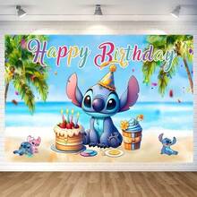 Disney 史迪奇主题生日摄影背景布，史迪奇拍照背景挂毯，卡通生日派对装饰 - 如圖 - 查看 16