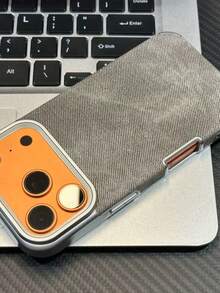 拼接式单件奢华牛仔布和软皮手机壳，适用于 17 Air 16 15 14 Plus 13 12 11 Pro Max，防震边框，布艺品牌保护套 - 灰色 - 查看 2