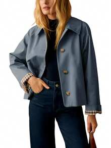 Women's Plaid Lining Short Trench Coat, Lightweight Button Down Jacket With Pockets, Casual Preppy Workwear For Spring Summer - 灰藍色 - 查看 1