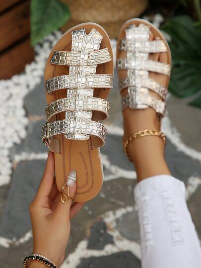 Women's Summer Woven Hollow Breathable Flat Roman Sandals Closed Toe Slippers