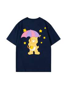 SHEIN | Care Bears 女士宽松圆领短袖T恤，复古卡通狗头和重复字母印花上衣，藏蓝色修身百搭款，趣味图案活力四射，柔软透气舒适，适合日常通勤休闲穿着，也适合美式复古风、街头时尚、学生校园、情侣约会、春季野餐音乐节等场合，是一款基础款T恤。 - 藏蓝色 - 查看 4