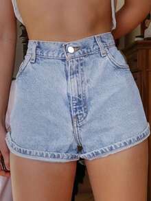 Quần short denim nữ co giãn có túi, thêu hoa cúc, kiểu dáng thường ngày mùa hè. - Rửa nhẹ - Xem 2