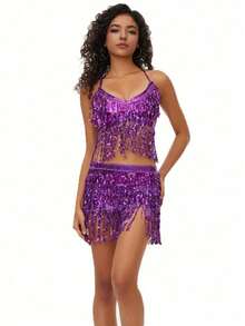 一套亮片流苏连衣裙套装，女士两件套，露脐上衣吊带衫包包提臀迷你裙闪亮流苏套装，万圣节主题 - 彩色 - 查看 14