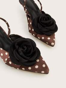 女士尖头套脚鞋，百搭优雅派对舒适时尚露趾高跟鞋，花卉装饰缎面露跟小猫跟鞋 - 圓點棕色 - 查看 4