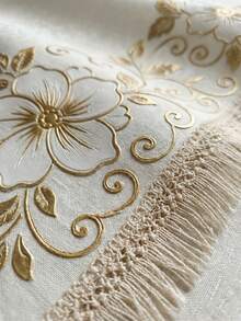 1 Piece Delicate White Gold Floral Scroll & Lace Trim Round Tablecloth, Versatile Traditional Glam Polyester Waterproof Stain Resistant Table Linen, Oil Proof Wrinkle Free Reliable Table Cover, Great For All Occasions, Housewarming Gifts, Wedding Receptions, Year-Round Kitchen & Dining Decor, Must-Have Home & Party Accessory - Multicolor - View 7
