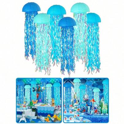 2 chiếc đèn lồng giấy hình sứa treo, đèn lồng giấy màu chuyển sắc cho tiệc chủ đề nàng tiên cá, trang trí sinh nhật chủ đề đại dương dưới biển, vòng hoa trang trí tiệc nàng tiên cá, dây trang trí màu xanh nhiều màu sắc cho sinh nhật, lễ rửa tội, đám cưới, trang trí tiệc, trang trí tường, đồ trang trí.