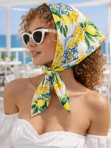 1 Stück Damen Frühlings Seiden Satin Schal, Blau Zitrone Blumen Muster, Tägliches Accessoire Geschenk, Ideal für Valentinstag oder Strandbekleidung - Chain Lemon - Übersicht 2