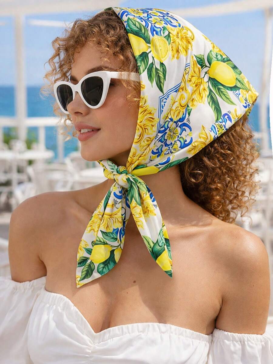 1 Stück Damen Frühlings Seiden Satin Schal, Blau Zitrone Blumen Muster, Tägliches Accessoire Geschenk, Ideal für Valentinstag oder Strandbekleidung
