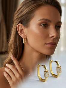 18K镀金几何耳环，女士款，粗款长方形耳环，镶嵌密镶立方氧化锆，精致登山扣耳环，低过敏性首饰礼品 - 彩色 - 查看 1