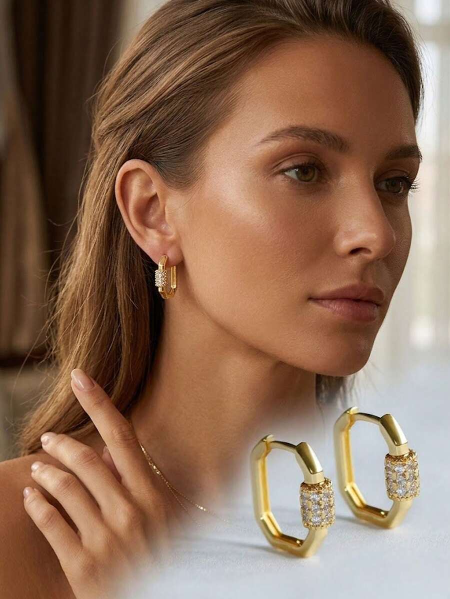 18K镀金几何耳环，女士款，粗款长方形耳环，镶嵌密镶立方氧化锆，精致登山扣耳环，低过敏性首饰礼品 - 彩色 - 查看 1