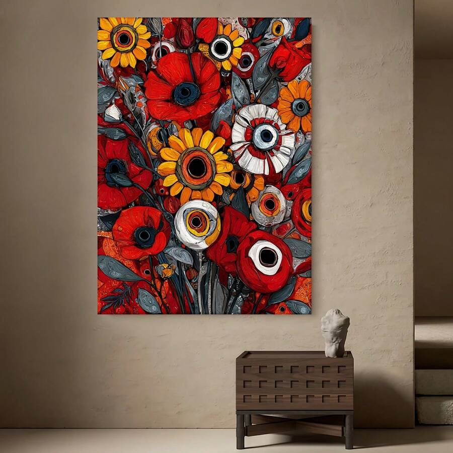 Enmarcado 1 pieza de Arte de Pared Cubista Abstracto Rojo y con Marco - Estilo Jackson Pollock Salpicaduras, Ramo Manga/Art Nouveau, Impresión de Edición Limitada con Marco de Madera () para Decoración Moderna/Oficina, Plano 2D - Enmarcado - Ver 1