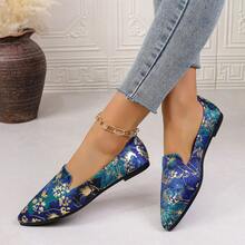 1 Pair Metallic Gold Bird Embellished Pointed Toe Slip-On Loafers, Delicate Metallic Accents, Easy Slip-On Design, Suitable For Vacation, Everyday Wear, Exuding Premium Look All Year Round - Blue - View 1