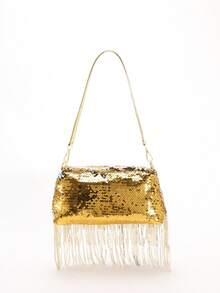 1pc Gold Sequin Blingy Metallic PVC Sequin Tassel Underarm Bag, Personalized Baguette Bag Suitable For Socialite Party And Banquet Atmosphere - Gold - View 4