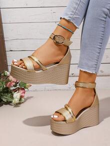 女士奢华金色编织交叉露趾粗跟凉鞋，配金属搭扣，百搭实用，适合工作、派对等场合，优雅迷人。 - 金色 - 查看 7