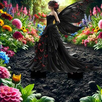 Cọc trang trí vườn hình bướm đen phẳng 2D, trang trí chậu cây ngoài trời, vật trang trí cảnh quan.