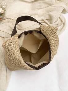 1个女士草编单肩包，时尚刺绣字母新月图案，适合通勤、购物和度假 - 彩色 - 查看 6