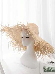 1 Sombrero de paja decorativo hecho a mano, de color puro y estilo bohemio, con protección UV, versátil para primavera y verano, que estiliza el rostro - MZ1460 - Ver 3