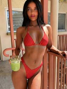 PEPPERMOLLY 新款格子柔软露背系带比基尼，女士夏季沙滩时尚泳装套装度假 - 紅色 - 查看 11