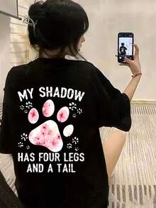 Y2K黑色印花短袖T恤，女款2026夏季新款宽松圆领百搭休闲上衣 - 黑色 - 查看 6