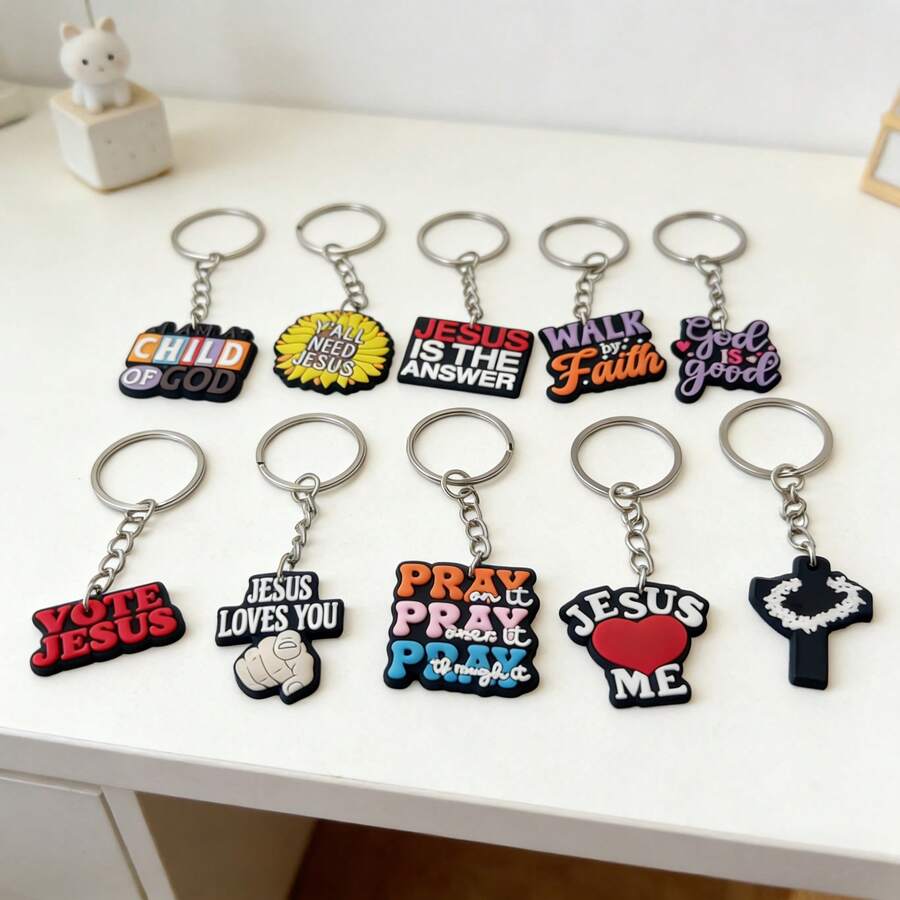 GCYCHENG 15 piezas Llavero con colgante de frase de Jesús en dibujos animados, colgante con forma de colores variados, llavero de goma suave, soporte creativo para llave de mochila - Multicolor - Ver 1