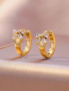 高品质不锈钢女士圈形耳环，低过敏性316L耳钩，花朵蝴蝶结镶嵌，闪亮18K真空电镀，防褪色，优雅吊坠时尚设计，适合女士日常佩戴、节日、假期、夏季、派对和其他场合。 - 金色 - 查看 10