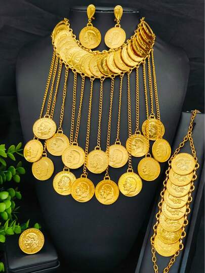 1 Vòng cổ, 1 Đôi Hoa tai, 1 Vòng tay, 1 Nhẫn, Bộ trang sức tua rua mạ vàng thời trang dành cho nữ, Bộ vest 4 món, Phù hợp với Sari, Ả Rập, Váy cưới cô dâu, Quà tặng tiệc tùng