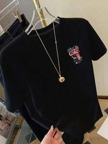 Top,Women Clothes,Valentine's Day>Clothes,Cute Top Front And Back Design Short-Sleeve T-Shirt - Cherry Cola, Women's Fashion Print, Spring-Summer T-Shirt, Fashion Item, Suitable For Birthday, Valentine's Day Gifts, And Daily Wearsummer Outfits For Women100 Percent Cotton Clothing - 黑色 - 查看 3