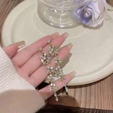1pair Long Crystal Leaf Earrings - 銀色 - 查看 3