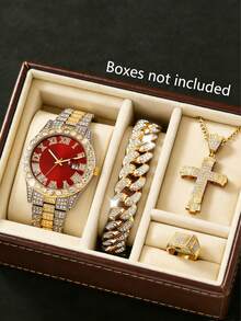 男士奢华商务石英表四件套，搭配嘻哈链手链、十字架项链和戒指，时尚街头风，是送给他的理想礼物 - 彩色 - 查看 1