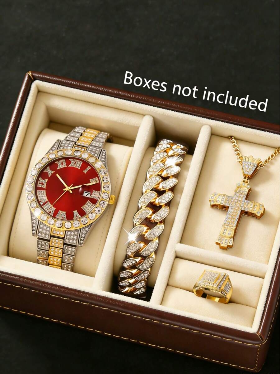 男士奢华商务石英表四件套，搭配嘻哈链手链、十字架项链和戒指，时尚街头风，是送给他的理想礼物 - 彩色 - 查看 1