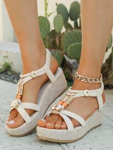 Giày sandal đế xuồng cho thanh thiếu niên, sandal cao gót hở mũi, sandal thời trang đa năng phù hợp cho kỳ nghỉ. - Màu be - Xem 3
