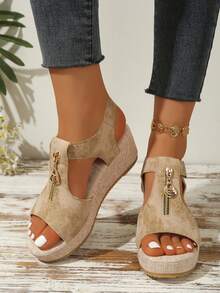 Giày sandal đế xuồng cho thanh thiếu niên, sandal cao gót hở mũi, sandal thường ngày đa năng cho kỳ nghỉ. - Màu Khaki - Xem 2