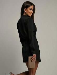 Women's Chic Fitted Short Satin Dress With Long Sleeves Collar And Unique Ruched Wrap Hem Stylish Evenings Black Spring Elegant - 黑色 - 查看 3