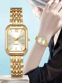 Bộ 2 chiếc đồng hồ nữ thanh lịch, đồng hồ thạch anh mặt vuông, dây đeo bằng thép không gỉ, vòng tay hợp kim đính đá, thích hợp đeo hàng ngày, đi chơi, dự tiệc, lễ hội, sinh nhật, các sự kiện buổi tối, hoặc làm quà tặng ngày lễ/Ngày của Mẹ. - Vàng - Xem 2