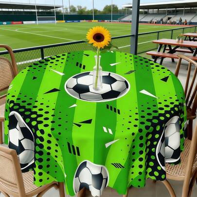 1pc Football-Themed Tablecloth, Made Of Polyester Material, Featuring Circular And Rectangular Patterns, With Black And White Footballs, Black Polka Dot Background Patterns. Suitable For Sports-Themed Restaurants, Viewing Parties, Birthday Parties, Gatherings And Outdoor Picnics.