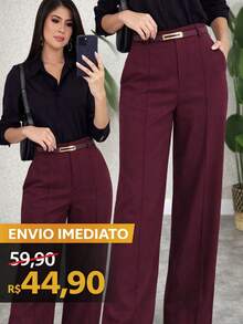 Calça Pantalona Feminina Elegante Alfaiataria Premium Com Cinto Inverno/verão - Vinho- - Visão 4