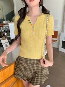 Colorful Button V-Neck Fitted Knit Sweater, Slimming Pullover Top (Button Color Random), Summer - Yellow - View 5
