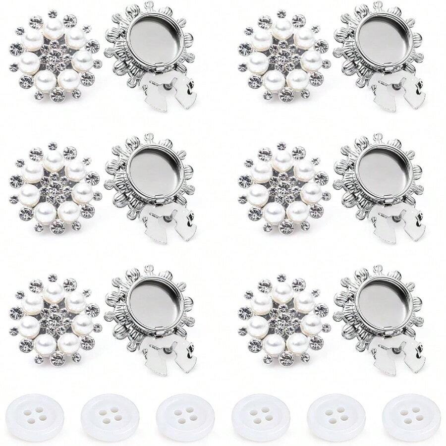 Button Covers Cufflinks Set, Gold Clip - Ons Women Men, No - Sew Covers Dress Shirts, Blouses Button Decoration - Silver Base-pearls-17.5mm + 6PCS - View 1