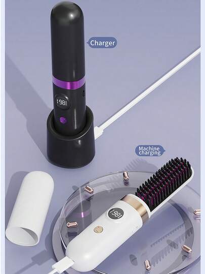 New USB Rechargeable Straightening Comb,Wireless Portable Hair Straightener Hair Care,2 In-1 Hair Straightener, Overheat Protection Function, LED Digital Display Screen And 4000mAh Batteries, Suitable For Use At Home, In Dormitories, Or While Traveling Or On Vacation, As A Holiday Gift