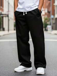 Casual Sports Long Pants, Loose Straight Leg Fit, Drape Effect, Suitable For Home And Outdoor Activities, Can Be Given As Couple Gift, Equipped With Drawstring Waistband, Easy To Adjust, Available In Multiple Colors - Black - View 3