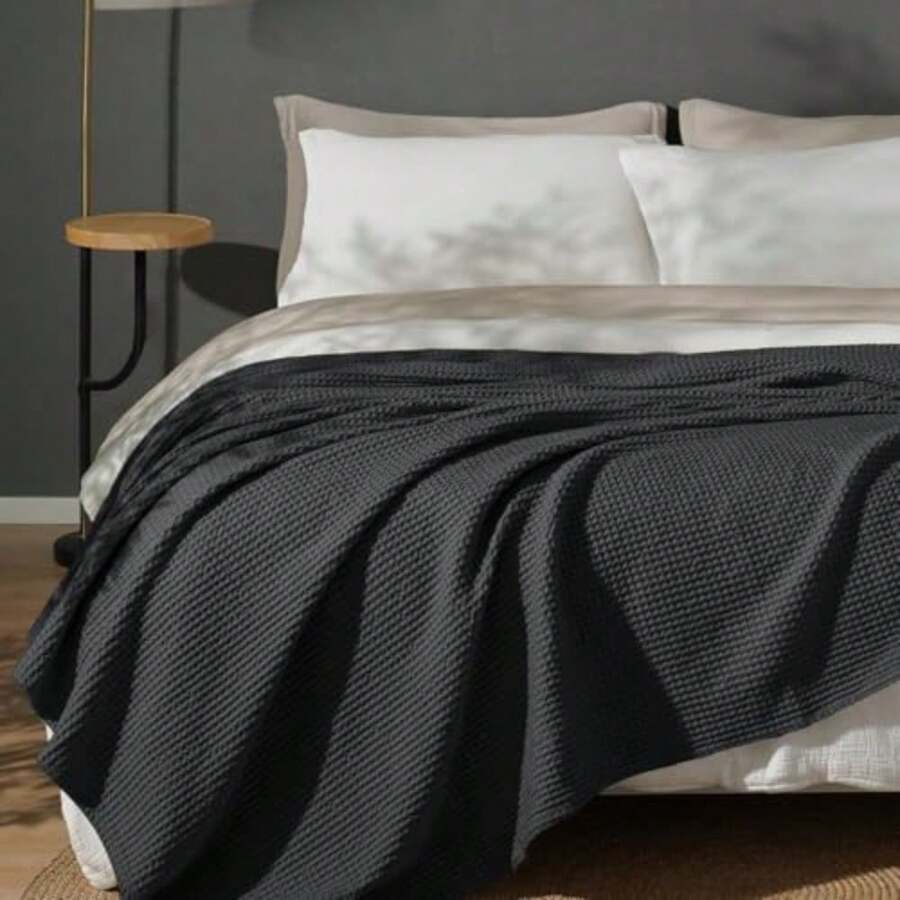 100% Cotton Waffle Weave Blanket Queen Size 90"X90" - Lightweight Washed Soft Breathable - Perfect Layer For Couch Bed Sofa - Elegant Home Decoration Gift - Black - Đen - Xem 1