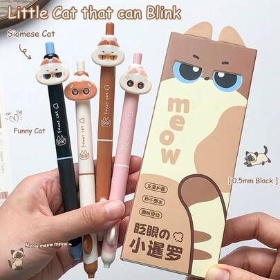 Juego de 4 adorables bolígrafos de gel con diseño de gato siamés con punta de 0,5 mm, con tinta de secado rápido y un diseño ergonómico que permite cambiar creativamente entre diferentes expresiones de gato mediante un sistema de clics