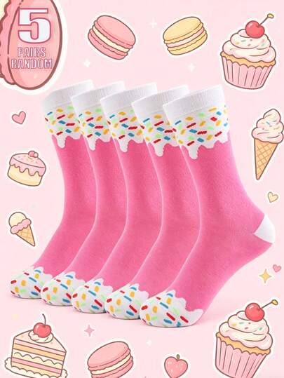 5 Pairs Women's Pink Ice Cream Cute & Sweet Dopamine Socks, Youthful Energetic Fashion Soft Ladies Socks, Suitable For Daily Wear, Festivals, Sports, Parties, Crew Socks