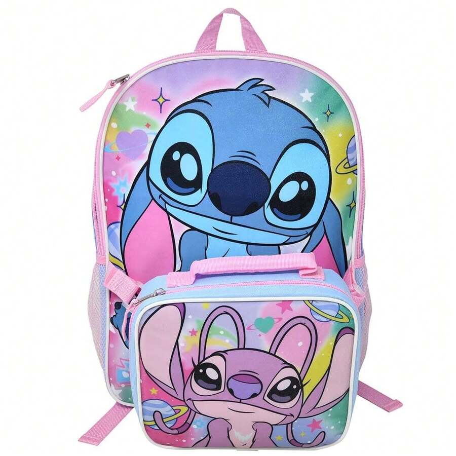 Disney Stitch And Angel 16" Shoulder Backpack For School With Rectangular Lunch Bag, For Girls - Multicolor - View 1