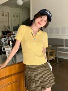 Colorful Button V-Neck Fitted Knit Sweater, Slimming Pullover Top (Button Color Random), Summer - Yellow - View 8