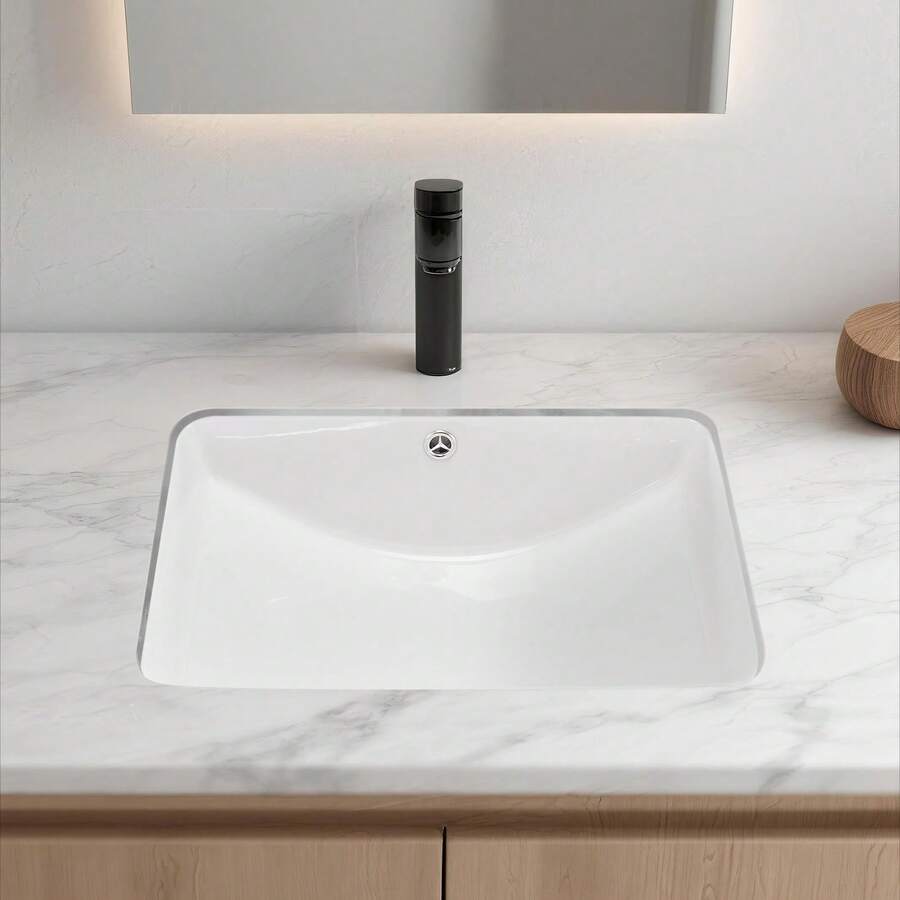 Unterbauwaschbecken Handwaschbecken 530 x 375 mm rechteckiges Spülbecken aus Keramik mit Überlaufloch, moderne Unterbauspüle Küchenspüle für kleine Räume, Badezimmerwaschbecken Weiß - 15*21 Zoll - Übersicht 1