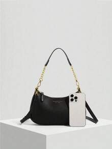 New Fashion Classic Wild Letter Decor Design Solid Color Waterproof PU Material Crescent Shoulder Bag/Underarm Bag, Suitable For Shopping And Crossbody Wear - Black - View 6