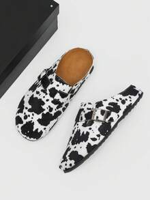 Men's Fluffy Cow Pattern Slippers - Open-Back Mule Loafers, Buckle Detail Casual Street Style Shoes - Đen và trắng - Xem 6