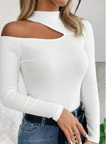 Women's Long-Sleeved T-Shirt Blouse In Suplex Fabric With A High Neck And Asymmetrical Cut, Ideal For Dates And Casual Wear - 白色 - 查看 6